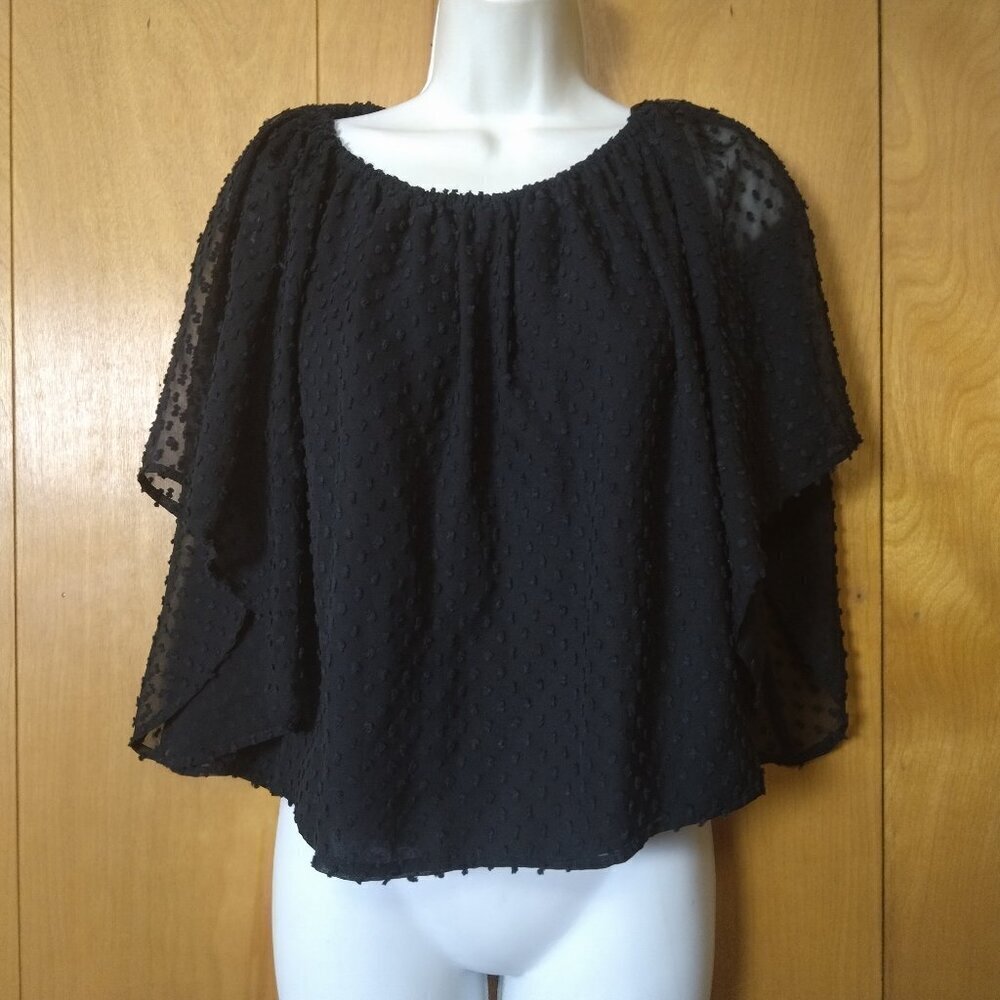 Moon & Meadow Swiss Dot Black Short Sheer Flutter Sleeve Blouse Size XS